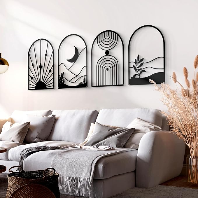 Glamativity 4 Pack Black Abstract Metal Wall Art, Minimalist Décor Single Line Art Wall Décor, 3D Textured Metal Wall Sculptures, for Living Room Bedroom Bathroom Study Room (Black Boho, L Size 22.5 x 15.7'') - Image 2