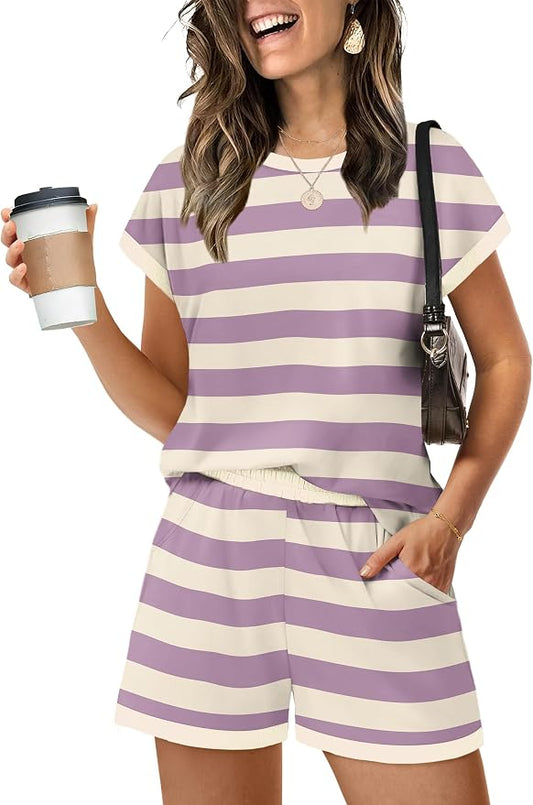 WIHOLL Two Piece Sets for Women Summer Lounge Short Sets Cap Sleeve Crew Neck Sweatsuit with Pocket XS-2XL by WIHOLL