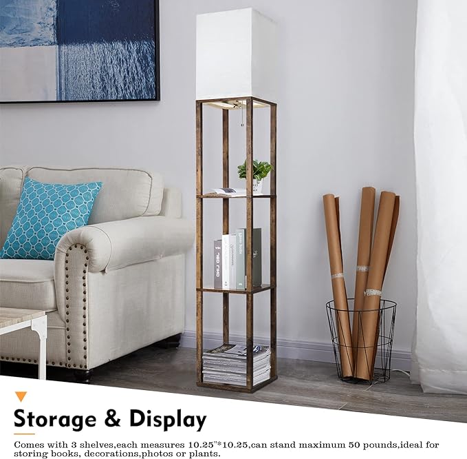 RUNTOP Floor Lamp with Shelves, Modern Shelf Lamp for Display Storage, 3 Color Temperature Wood Narrow Standing Corner Lamp with 8W Bulb for Living Room Decor, Bedroom, Office, Home Decor(Brown) - Image 3
