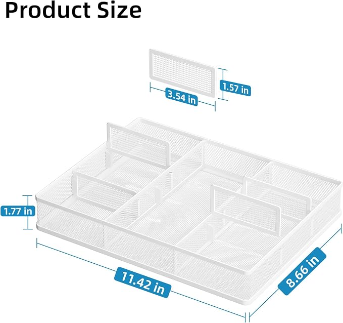 Marbrasse 2P Desk Drawer Organizer, Metal Mesh Drawer Organizer Tray with 5 Adjustable Compartments,Desk Organizers and Accessories for Home,Office,Kitchen,Makeup,Vanity (White) - Image 2