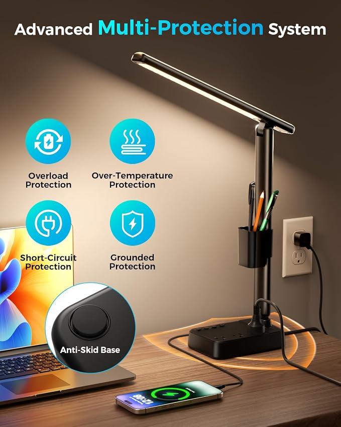 LED Desk Lamp with Power Strip, 3 AC Outlets & 4 USB Ports (2 USB-C), Stepless Dimming & 2800K-6500K Eye-Caring Desk Light, Foldable Table Lamp for Home Office, Dorm Room Essentials(10FT) - Image 5