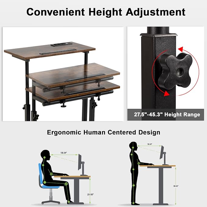 Hadulcet Mobile Standing Desk with Wheels, Rolling Desk Adjustable Height, Portable Laptop Table with Charging Station, Sit Stand up for Home Office, Study, Classroom, Rustic Brown - Image 7