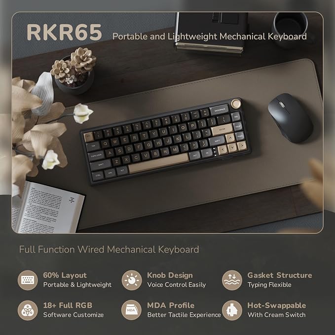 RK ROYAL KLUDGE R65 Wired Gaming Keyboard with Volume Knob, 60% Percent RGB Backlit Mechanical Keyboard Gasket Mount with PBT Keycaps, MDA Profile, QMK/VIA, 66 Keys Hot Swappable Cream Switch, Black - Image 2