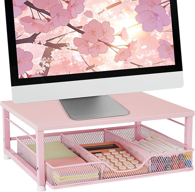 Small Pink Laptop Stand for Desk, Monitor Stand, Office Desk Accessories, Computer Desktop Stand with Drawer for Home, Office, School (Pink) by Illuminatinglifewiththewarmthandloveoflight