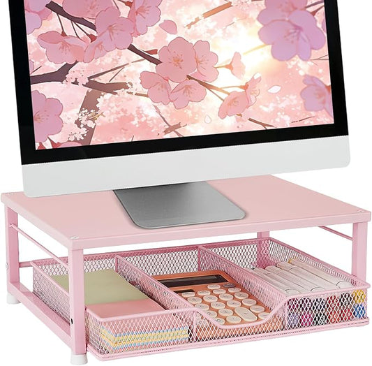 Small Pink Laptop Stand for Desk, Monitor Stand, Office Desk Accessories, Computer Desktop Stand with Drawer for Home, Office, School (Pink) by Illuminatinglifewiththewarmthandloveoflight