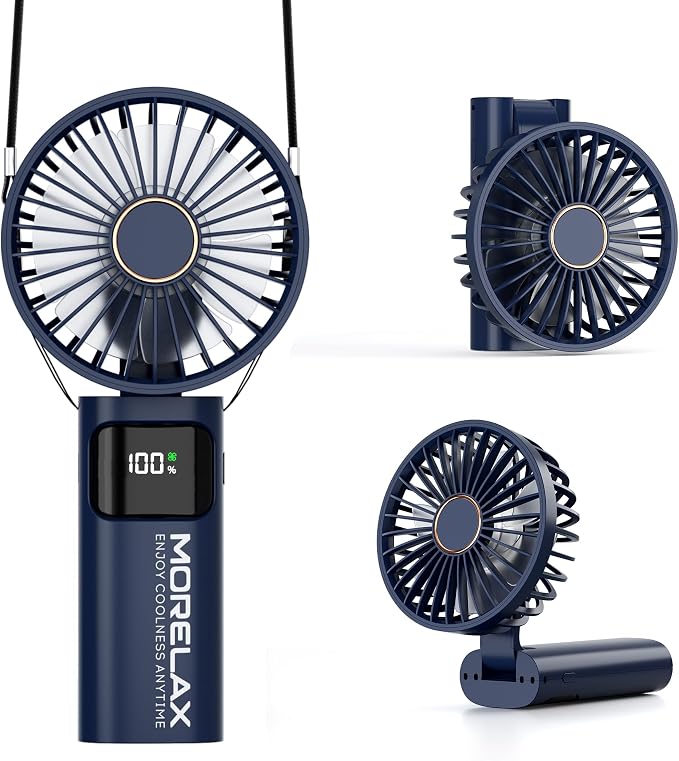 Portable Handheld Fan, USB Rechargeable Foldable Mini Personal Fan, 5200mAh, 180 Adjustable, 6 Speed Wind, 3 IN 1 Hand Cooling Desk Fan with LED Display for Home Office School Outdoor Travel, Blue by Morelax