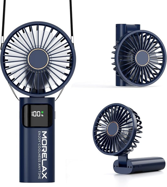 Portable Handheld Fan, USB Rechargeable Foldable Mini Personal Fan, 5200mAh, 180 Adjustable, 6 Speed Wind, 3 IN 1 Hand Cooling Desk Fan with LED Display for Home Office School Outdoor Travel, Blue by Morelax