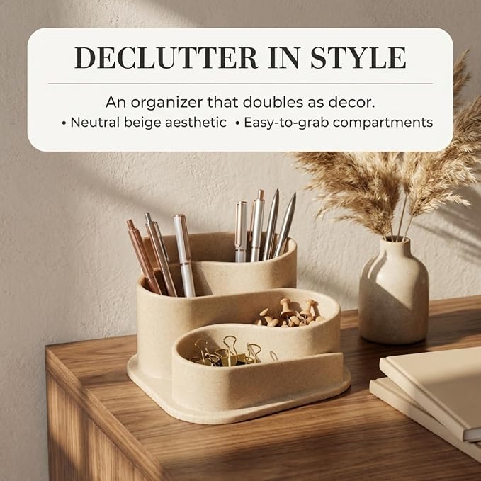 OAKOA Aesthetic Desk Organizer - Modern Desk Accessories - Boho Pen Holder | Beige Aesthetic Desk Accessories - Modern Cute Desk Organizer - Neutral Boho Desk Accessories - Desk Essentials for Women - Image 6