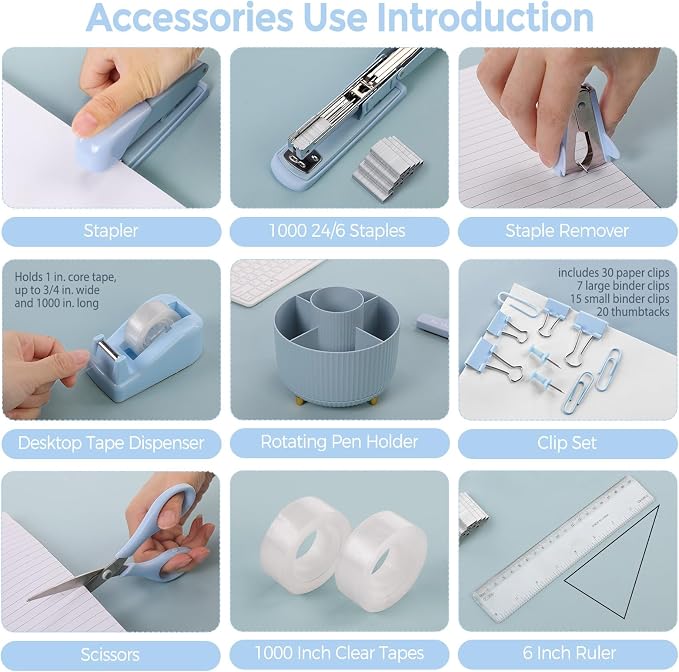 SKYDUE Desk Organizers and Accessories 10Pcs, 360-Degree Rotating Pen Holder, Stapler, Staple Remover, Tape Dispenser,2pcs Tape Refills, Binder Paper Clips Kit, Scissor (Blue) - Image 5