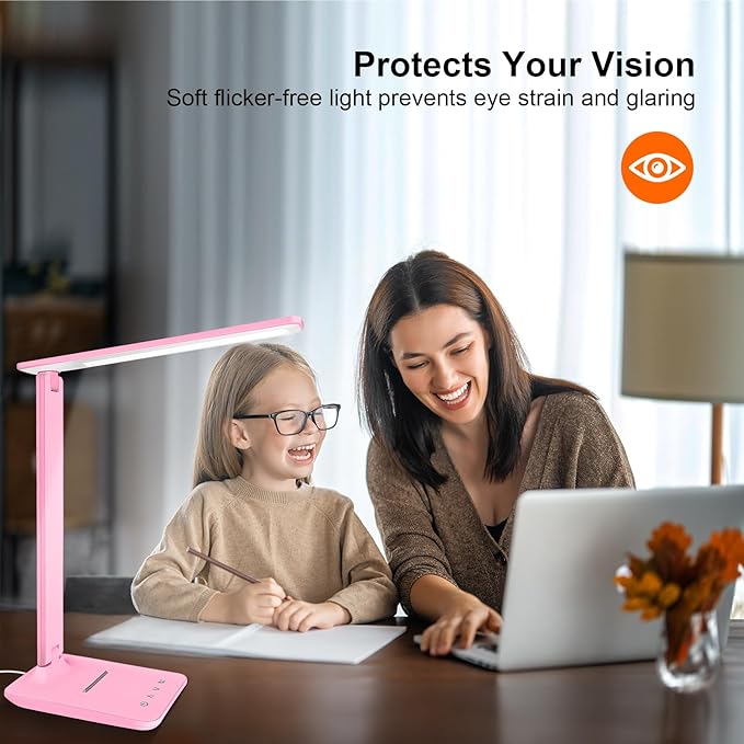 White crown LED Desk Lamp Dimmable Table Lamp Reading Lamp with USB Charging Port, 5 Lighting Modes, Sensitive Control, 30/60 Minutes Timer Pink (Pink, First-Generation) - Image 7