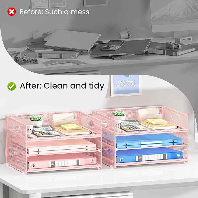 Subekyu 2-Pack 3-Tier Pink Metal Mesh Desk Paper Letter Tray & File Sorter Organizer with Handle + 1 Sliding Tray for Desk, Home, Office, School Supplies, A4 Paper and Accessories Storage - Image 2