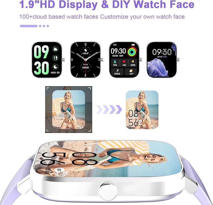Smart Watch for Men Women Compatible with iPhone Samsung Android Phone 1.69 inch Full Touch Screen IP68 Waterproof Bluetooh Fitness Tracker Heart Rate/Sleep Monitor (Purple) - Image 8