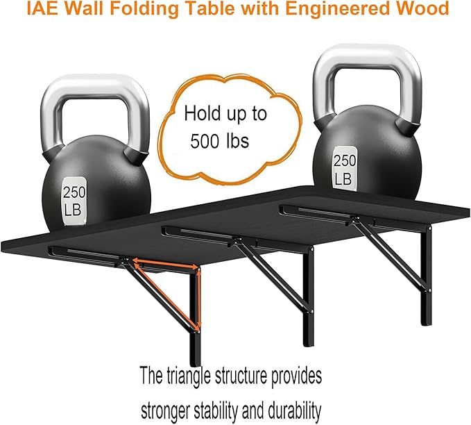 IAE 55x22in Floating Fold Desk,Wall-Mounted Folding Computer Table,Black | Study Table with Shelf Brackets,Foldable Down Shelf with Engineered Wood,Fold Computer Desk for Small Apartment,Holds 510 lb - Image 4