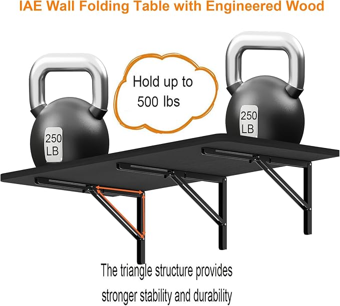 IAE 48x22in Floating Fold Desk,Wall-Mounted Folding Computer Table,Black | Study Table with Shelf Brackets,Foldable Down Shelf with Engineered Wood,Fold Computer Desk for Small Apartment,Holds 500 lb - Image 4