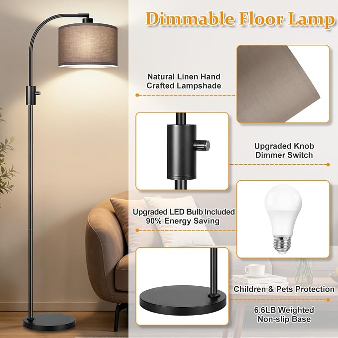 Nintiue Dimmable Black Floor Lamp, 1200 Lumens LED Edison Bulb Included, Arc Gold Floor Lamps for Living Room Modern Standing Lamp with Khaki Shade - Image 4