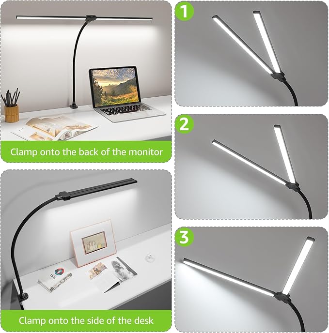 ShineTech LED Desk Lamp for Home Office, 3000K Warm White Double Head Architect Task Lamps with Clamp, Dimmable Adjustable Flexible, Black - Image 6