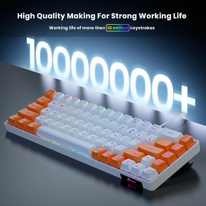 GEODMAER 65% Gaming Keyboard, LED Backlit Mini Wired Keyboard, Ultra-Compact Anti-Ghosting No-Conflict 68 Keys Membrane Gaming Wired Keyboard for PC Laptop Windows Gamer(White-Orange) - Image 3