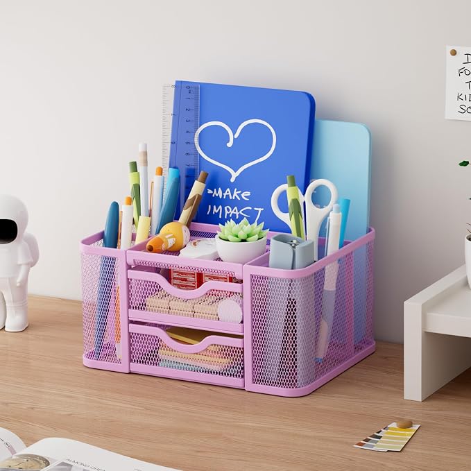 Marbrasse Mesh Desk Organizer, Pen Holder with 2 Drawer, Multi-Functional Pencil Holder, Desk Organizers and Accessories with 5 Compartments + Drawer for Office Art Supplies (Purple) - Image 3