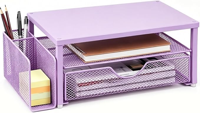 Spacrea Desk Organizer and Accessories, Computer Monitor Stand Riser with Drawer and 1 Open Pen Holder, Printer & Laptop Stand, Office Desk Accessories for Home Office Supplies (Purple) by Spacrea
