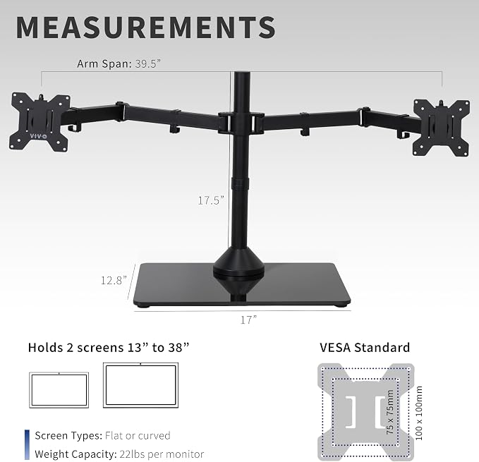 VIVO Freestanding Dual Ultrawide Monitor Stand with Sleek Glass Base and Adjustable Arms, 2 Screens up to 38 inches and 22 lbs Each, Black, STAND-V038FG - Image 4