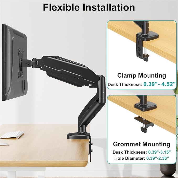 MOUNT PRO Single Monitor Desk Mount - Articulating Gas Spring Arm, Removable VESA Monitor Mount Computer Monitor Stand with Clamp and Grommet Base Fits 13 to 32 Inch Screen, VESA 75x75, 100x100, Black - Image 7