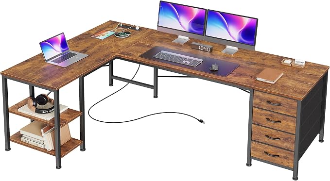 Huuger 55 Inch L Shaped Desk with Fabric Drawers, Reversible Computer Gaming Desk with Power Outlets and USB-C Port, Adjustable Side Storage Shelves, for Work Corner Home Office, Rustic Brown by Huuger