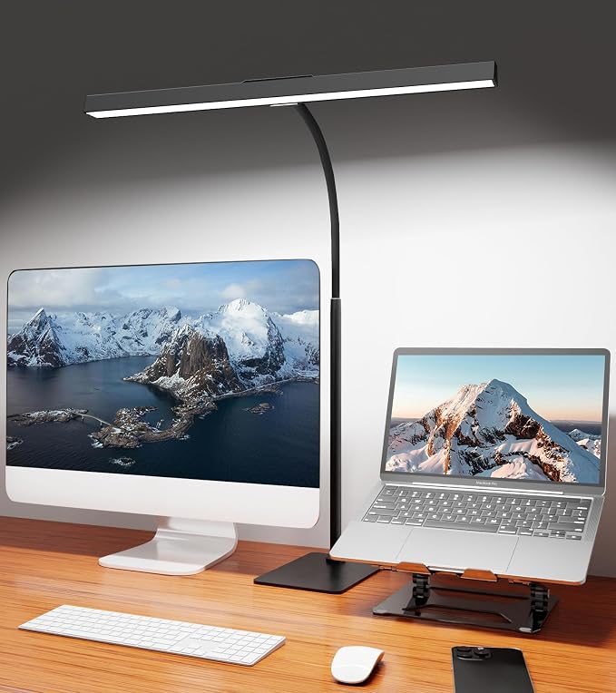 LED Desk Lamp for Home Office with Base, Eye-Caring Desk Light 12W | Tall Lamp for Computer Monitor Task Reading, Adjustable Gooseneck, 5 Dimmable Brightness & Color, USB Touch Control, Timer by Kaulsoue