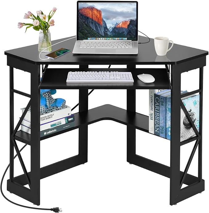 VECELO Corner Desk, Triangle Computer Desk for Small Space with Charging Station and Keyboard Tray, Corner Makeup Table with Storage Shelves for Home Office Bedroom, 41x30, Balck by VECELO
