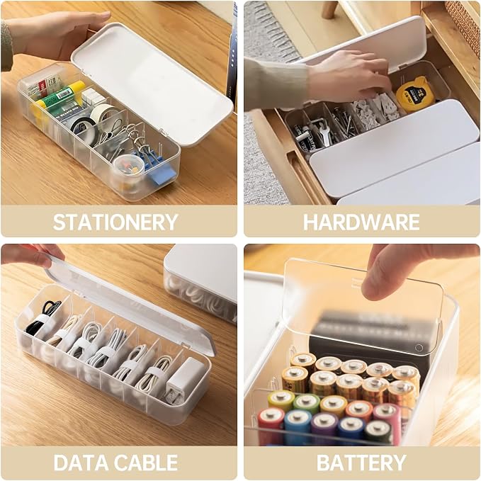PAVSTINE Cable Organizer Storage Box with 7 Wire Ties,Desktop Cable Management Box with Lid,Power Cord Organizer with 7 Compartments for Office,Home,Desk Accessories Storage Stationery Supplies White - Image 5