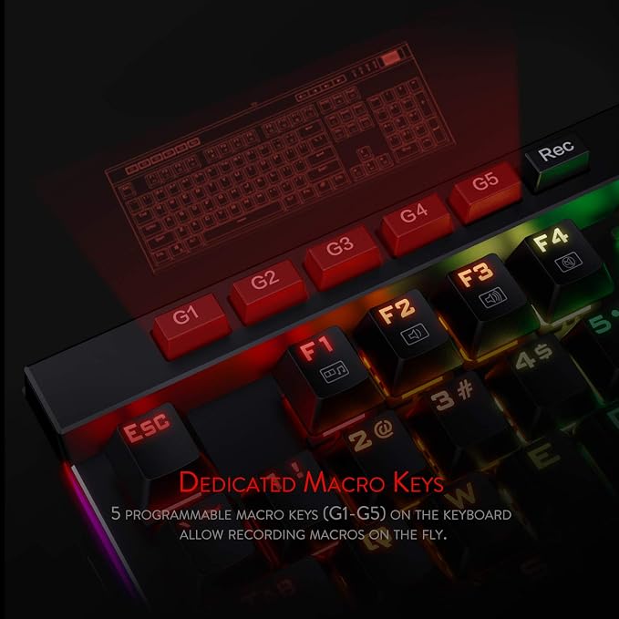 Redragon K580 Wired RGB Mechanical Gaming Keyboard, Macro Key & Media Wheel | 5 On-Board Keybinding Buttons for MMO MOBA Games, Dedicated Media Controls, Classic Tactile Blue Switch for Hype Typing Feel - Image 3