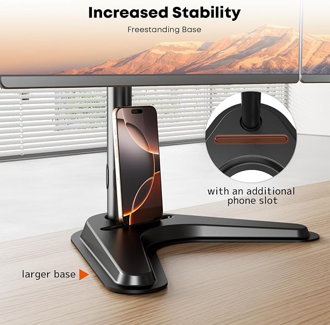 Dual Monitor Stand fits 17-32 inch, Free Standing Heavy Duty Monitor Mount | Precise Slide, Tilt, Swivel, Rotate and Height Adjust, 19.8 lbs per Arm, VESA 75/100mm - Image 5