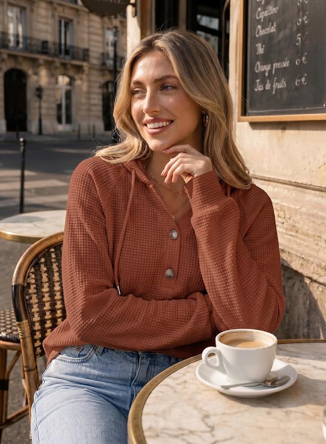 Dokotoo Hoodies for Women Waffle Knit Long Sleeve Drawstring Button V Neck Casual Sweatshirt Hooded Tops Fashion Clothing - Image 5