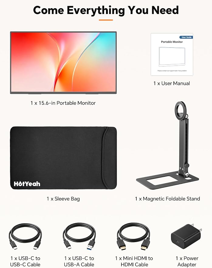 HotYeah Travel Portable Monitor with Stand, w/Magnetic Stand & Speaker | 15.6" 1080P 125% sRGB USB-C HDMI HDR External Display, 2nd Screen for Laptop MacBook Computer Phone Tablet Switch PS5 Xbox - Image 9