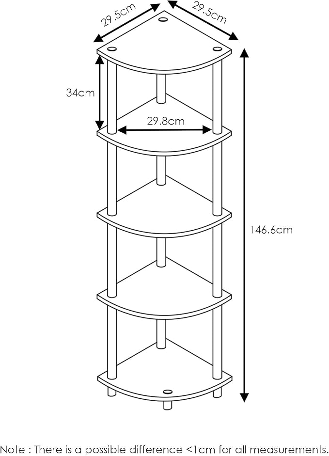 Furinno TURN-N-TUBE Corner Shelf, 5-Tier Corner Bookshelf, Open Storage Shelves, for Organization and Storage, Living Room, Home Office, Garage, Bedroom, Light Cherry - Image 3