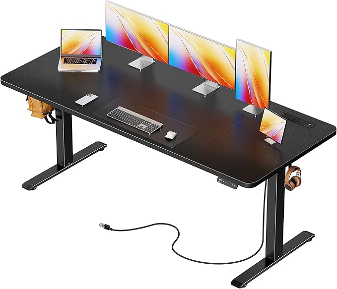 Huuger 63 X 24 Inch Electric Standing Desk with Power Outlets and USB-C Port, Height Adjustable Desk, Sit Stand Desk for Home Office, Computer & Gaming Desk with 4 Presets, Stable Steel Frame, Black by Huuger