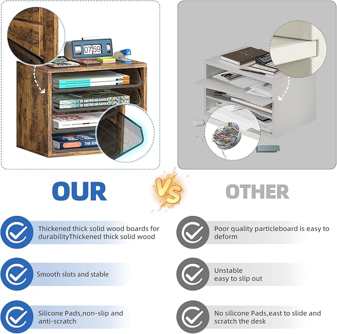 Simple Trending 4-Tier Desk File Organizer, Paper Organizer, Rustic Brown | Adjustable Letter Trays, Wood Desktop File Sorter, Farmhouse Style, for Office Home Classroom, 10.75"D x 15.2"W x 11.8"H - Image 5