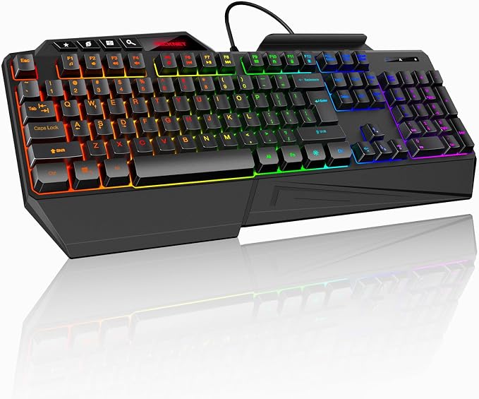 TECKNET Wired RGB Gaming Keyboard - 26-Key Anti-Ghosting, 13 Lighting Modes, Spill-Resistant, 108 Membrane Keys, Plug & Play - with Ergonomic Wrist Rest & Phone Holder for Windows/Mac (Black) by Tecknet