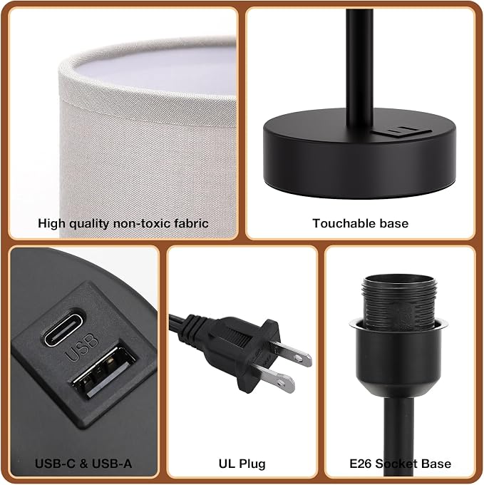 Dicoool Bedside Table Lamp for Bedroom - 3-Way Dimmable Touch Lamp, USB A+C | LED Bulb Included, 14" Small Nightstand Lamp for Desk, Living Room, Guest Room, Grey Fabric Lampshade, Black Metal Base - Image 6