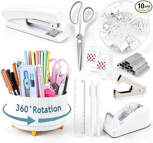 Gawsey White Desk Organizers and Accessories with Desk Organizer 360° Rotating Pen Holder and Office Supplies, Cute Stationery Supplies Set by Gawsey