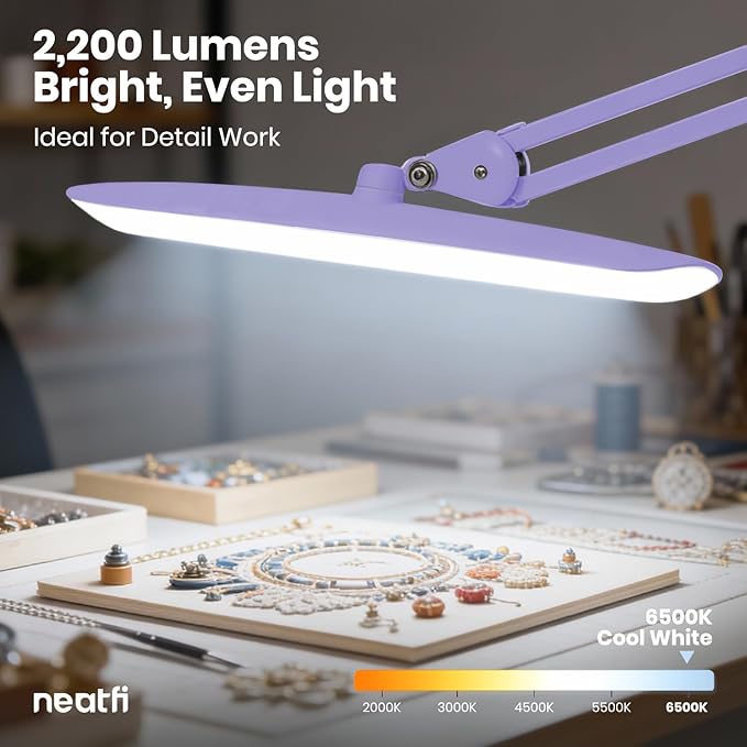 Neatfi XL 2200 Lumens 24W LED Desk Lamp – Shadow-Free Task Lighting | 4-Level Dimming | Home Office & Crafts Use | 20-Inch Wide Head (Lavender, Non-CCT with Clamp) - Image 6