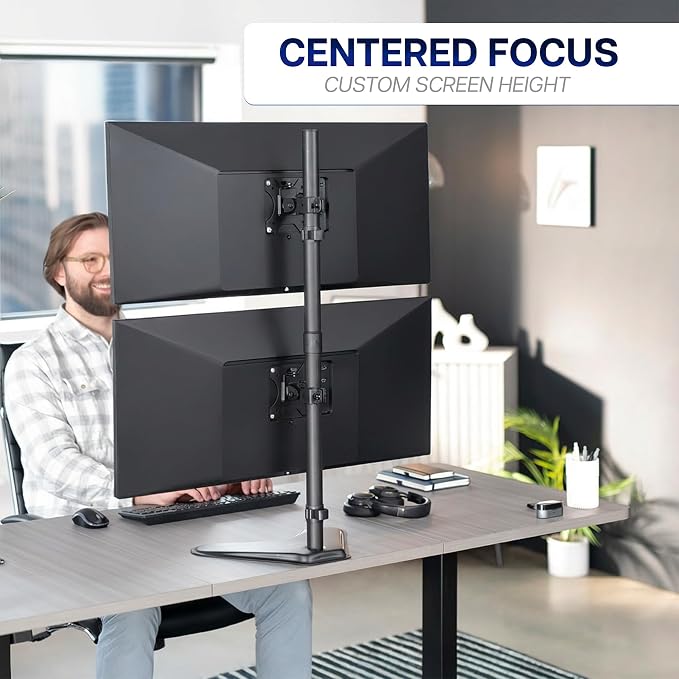 VIVO Dual Monitor Desk Stand Free-Standing LCD Mount, Holds in Stacked Vertical Position 2 Ultrawide Screens up to 34 inches, Black, STAND-V002L - Image 7