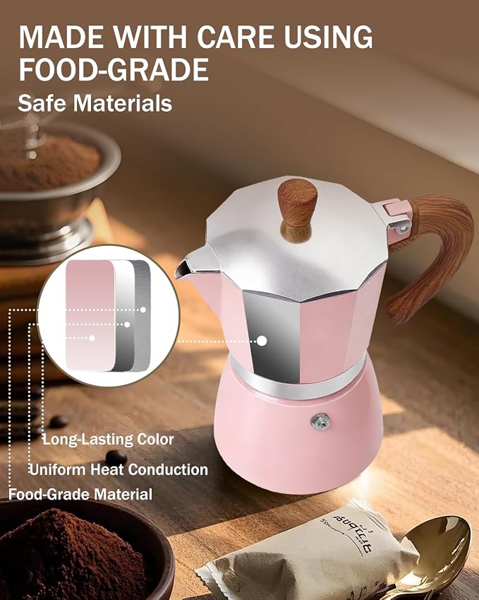 Coffee Maker Stovetop Espresso Maker 9 Cup Aluminum Moka Pot Percolator 15oz 450ml Easy Brewing for Electric Ceramic Stoves Home Camping Italian Cuban Café Classic Pink - Image 6