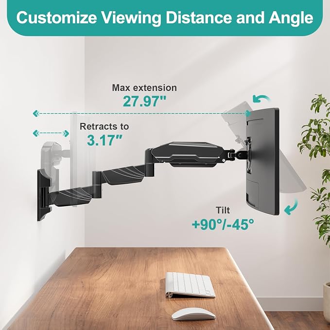 MOUNT PRO Monitor Wall Mount for 13 to 32 inch Computer Screen, Extra Long Adjustable Single Wall Mount Monitor Arm, Full Motion Vesa Wall Bracket 100x100, Hold up to 17.6lbs, Black - Image 6