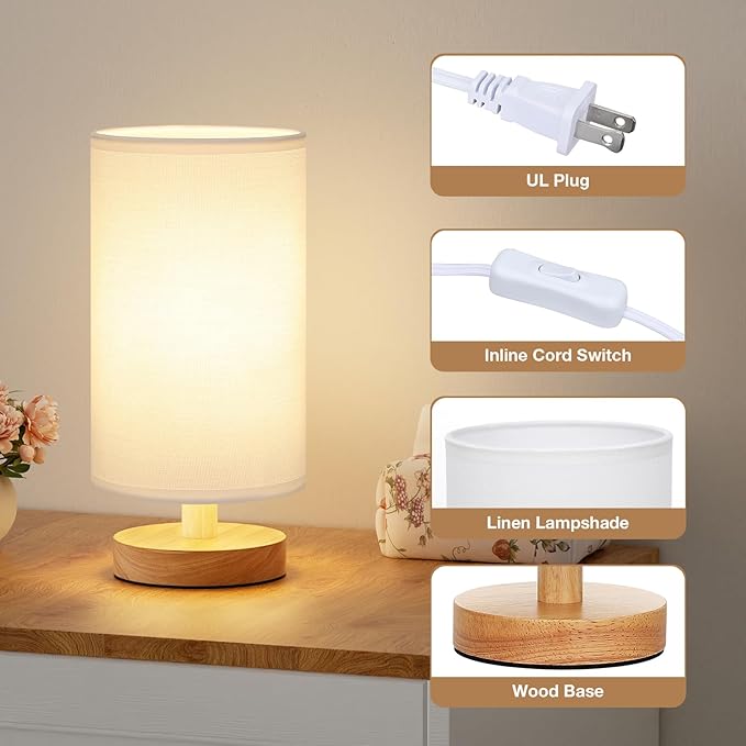 Fenmzee Small Table Lamps (White Shade - Wood Base, 9" Inline Control) | 3000K LED Blub Included | 680 Lumens | Easy Assembly | Minimalist Design | E26 | for Kitchen | for Kids Room - Image 2