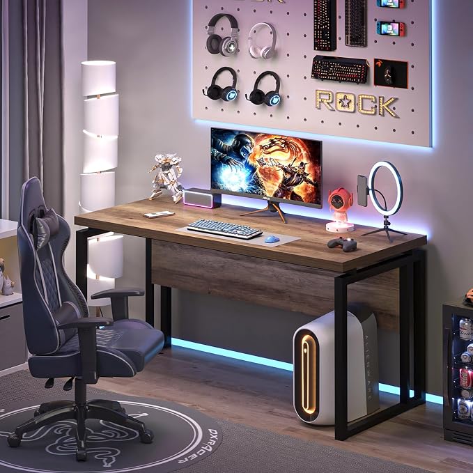 EXCEFUR Modern Computer Desk for Home Office, PC Laptop Gaming Desk, Metal Wood Study Writing Table Workstations for Bedroom Living Room, 53 Inch, Rustic Oak - Image 7