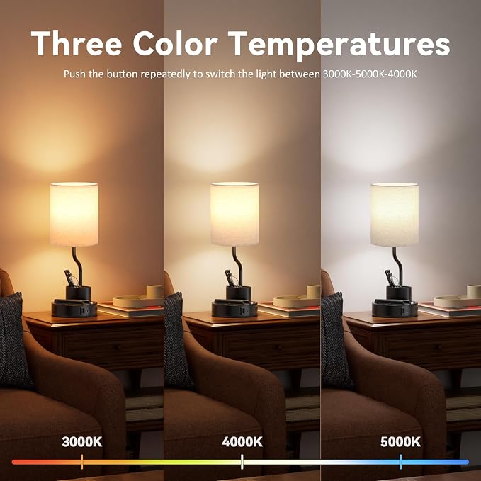 Fenmzee Bedside Lamps for Bedroom Set of 2 - Table Desk Lamp for Nightstand | 15" Table Lamp for Living Room with Pen Holder & Phone Stand, USB A+C Port, AC Outlet, 3 Color Temperature, LED Bulb Included - Image 4
