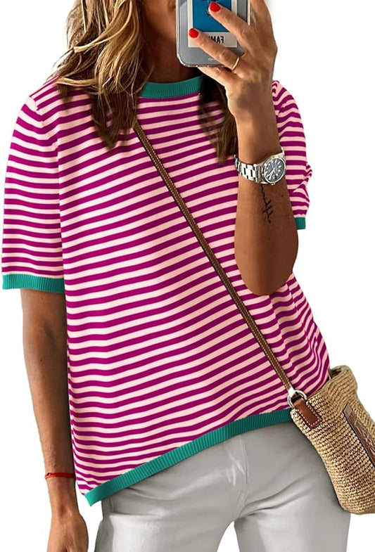 Dokotoo Womens Tops 2026 Casual Summer Crewneck Short Sleeve Striped Color Block Knit High Low Trendy Pullover Sweaters by Dokotoo