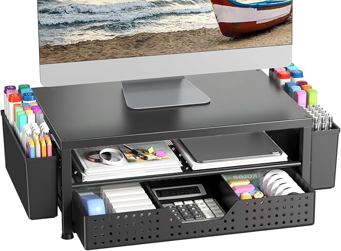 Monitor Riser, Laptop Stand for Desk, Office Desk Organizer and Accessories, Computer Monitor Stand, Desktop Shelf with Drawer and Pen Holder, Printer Stand for Home, Office, Dorm (Black) by Illuminatinglifewiththewarmthandloveoflight