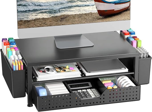 Monitor Riser, Laptop Stand for Desk, Office Desk Organizer and Accessories, Computer Monitor Stand, Desktop Shelf with Drawer and Pen Holder, Printer Stand for Home, Office, Dorm (Black) by Illuminatinglifewiththewarmthandloveoflight