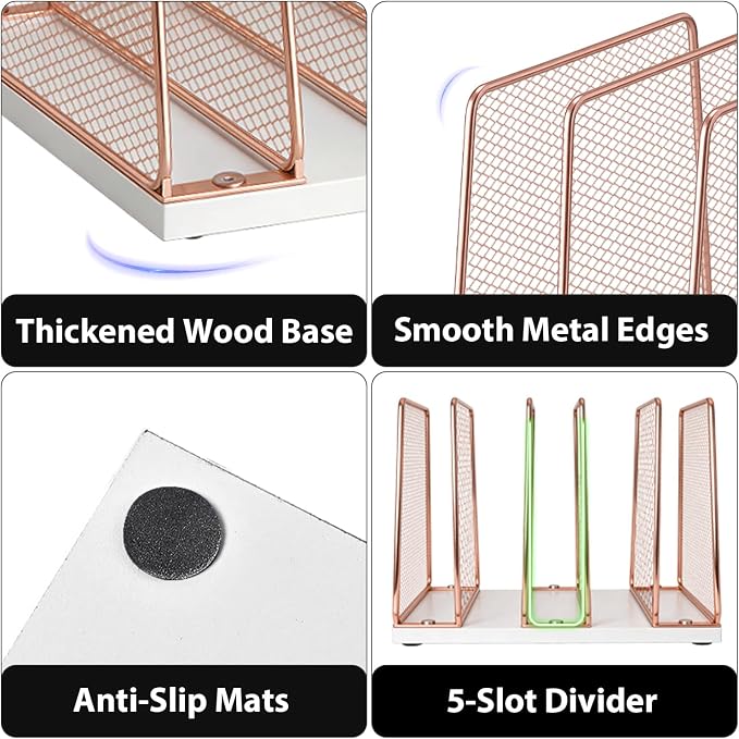 LEKETREE Rose Gold Desk File Organizer, 5-Section Upright File Sorter, Vertical File Folder Holder, Mesh Metal Wood Office Desktop Organization for Document, Magazine, Books and more (Rose Gold) - Image 5